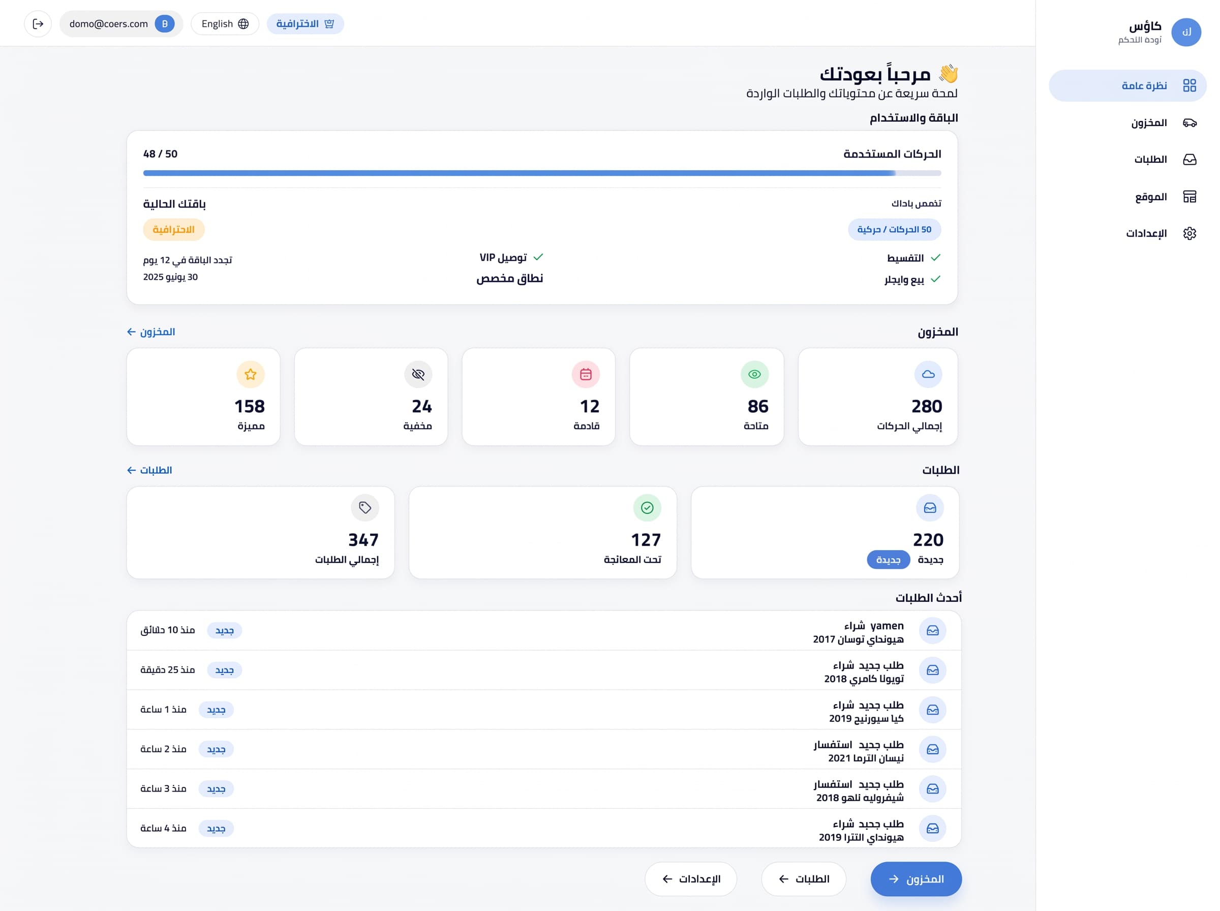 Caros self-serve dashboard showing inventory, orders and leads